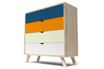 Scandinavian wooden Viking chest of drawers Blue, Orange, Ivory, White