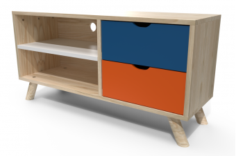 Skandinavischer TV-Ständer aus Holz Blau Orange Weiß Viking
