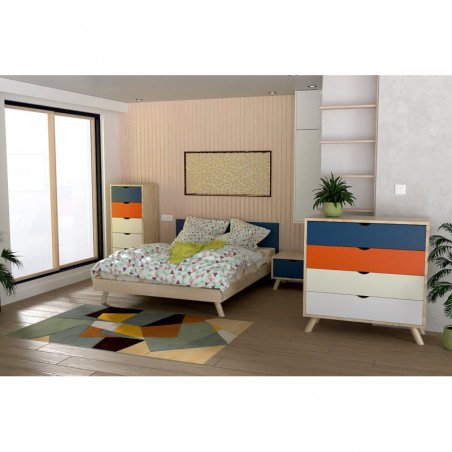 Chiffonnier Viking Scandinave Bleu pétrole Orange Ivoire Blanc