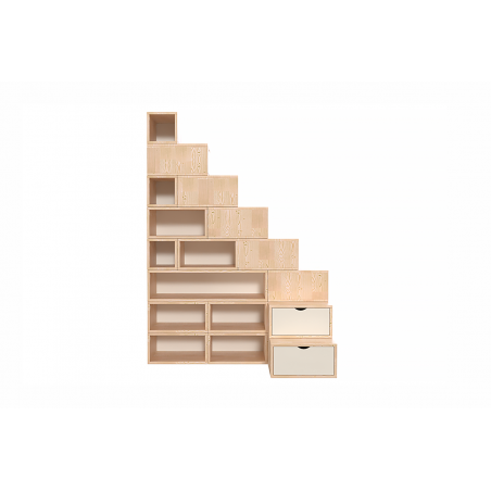 Scala a cubo con contenitore, altezza 200 cm - legno verniciato trasparente/bianco