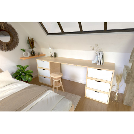 Grand bureau en bois CUBE - finition vernis bicolore bois/blanc