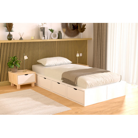 Lit avec tiroirs 90x200 en finition blanche