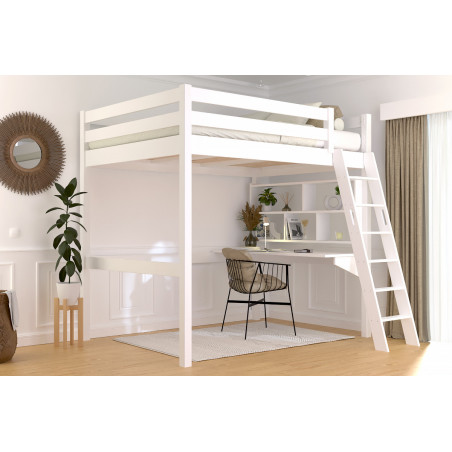 Lit 2 places en hauteur 140x190 blanc avec échelle inclinée