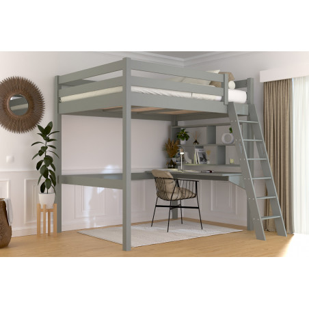 cama alta de madera maciza con barniz gris sin disolventes y escalera inclinada