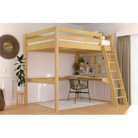 Lit mezzanine 140x190 échelle inclinée pour adulte avec vernis à l'eau miel