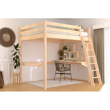 Mezzanine bed 140x190 for adults and children in solid wood with natural varnish and inclined ladder