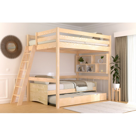 High sleeper bed for adults 140x190 inclined ladder in solid wood with natural varnish