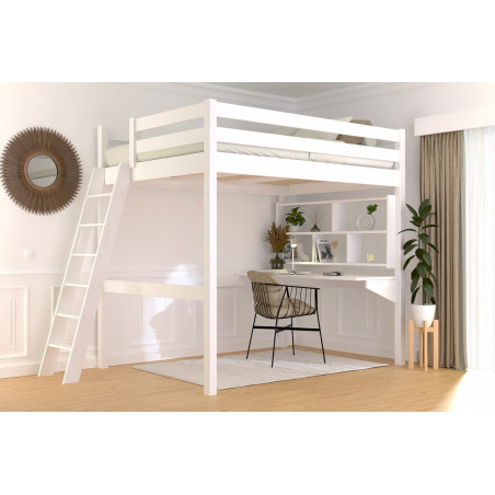 Lit mezzanine adulte 140x190 blanc avec échelle inclinée