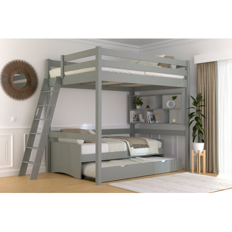 cama alta escalera inclinada made in france, para adultos y niños, barniz gris