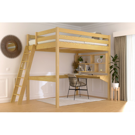 Cama elevada 140x200 escalera inclinada made in France, madera maciza, barniz color miel