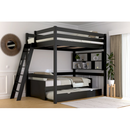 Hochbett 140x200 Steigleiter mit schwarz gefärbtem Lack auf Wasserbasis - aus Massivholz