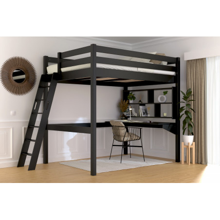 Hochbett mit treppe 140x200 Steigleiter in Frankreich hergestellt, aus Massivholz, lösungsmittelfreier schwarzer Lack
