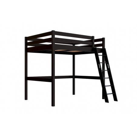 Hochbett erwachsene 140x200 made in France aus massiver Landes-Kiefer mit schräger Leiter - lösungsmittelfreier schwarzer Lack