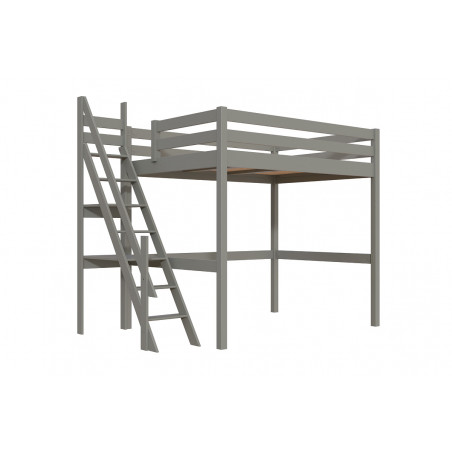 Lit mezzanine 2 places 140x200 en bois massif avec escalier de meunier – gris