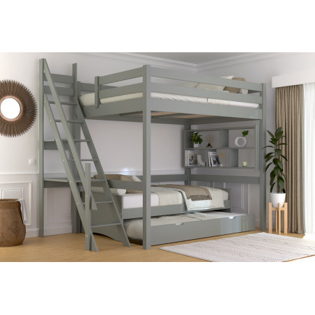 Mezzanine 2 places 140x200 avec escalier de meunier – en bois massif vernis à l’eau gris