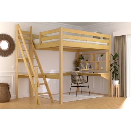 Lit mezzanine adulte 140x200 en bois massif vernis miel avec escalier de meunier
