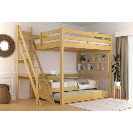 Mezzanine 2 places 140x200 avec escalier de meunier – en bois massif vernis à l’eau miel