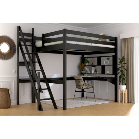 Lit mezzanine adulte 140x200 en bois massif vernis noir avec escalier de meunier