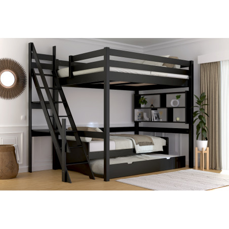 Mezzanine 2 places 140x200 avec escalier de meunier – en bois massif vernis à l’eau noir