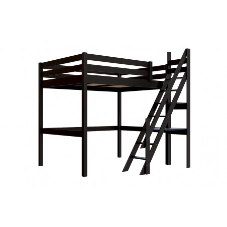 Lit 2 places en hauteur 140x200 en pin massif avec escalier de meunier – vernis sans solvants noir