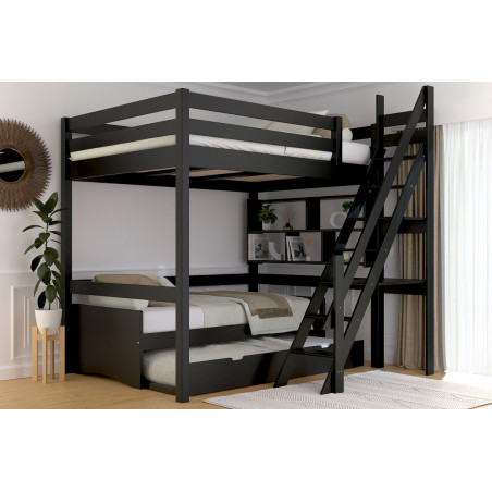 Lit en hauteur 140x200 pour deux personnes, bois massif avec escalier de meunier vernis noir