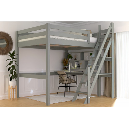 Lit mezzanine double 140x200 avec escalier de meunier – structure en pin massif avec vernis à base d’eau gris