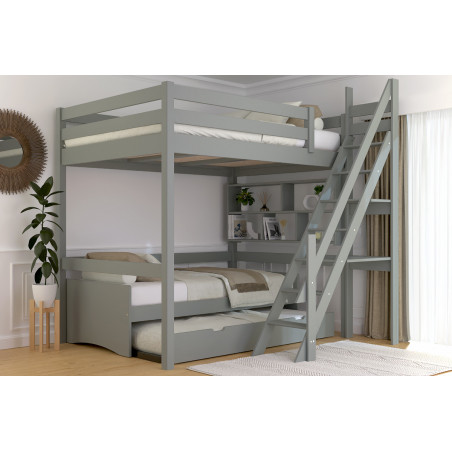 Lit en hauteur 140x200 pour deux personnes, bois massif avec escalier de meunier vernis gris