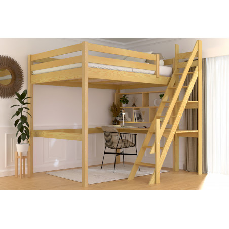 Lit mezzanine double 140x200 avec escalier de meunier – structure en pin massif avec vernis miel à base d’eau