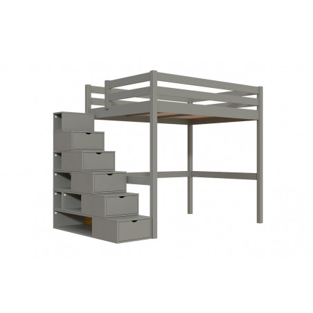 Letto a soppalco 140x200 in legno massiccio con scale cubo - grigio