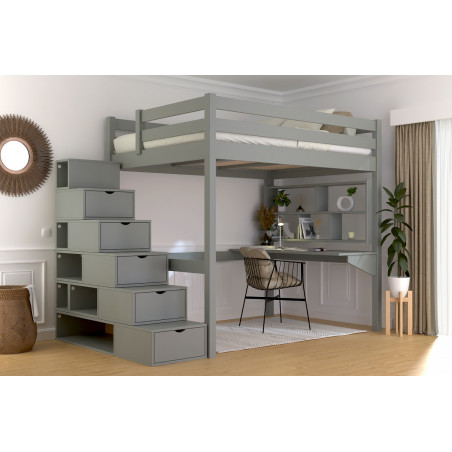 Letto soppalco legno massiccio con scala cubica modulabile, vernice grigia senza solventi