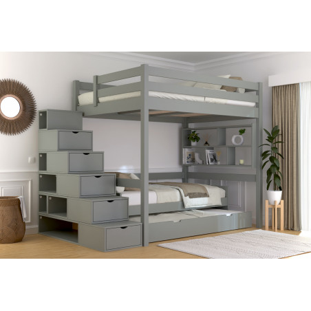 Hochbett 140x200 mit modularer Würfeltreppe - aus auf Wasserbasis lackiertem Massivholz in Grau