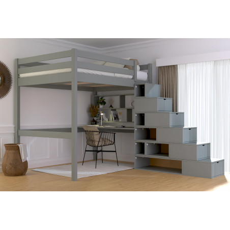 Letto matrimoniale a soppalco 140x200 con scala a cubo - struttura in pino massiccio con verniciatura grigia