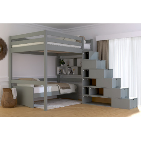 Letto matrimoniale alto 140x200, in legno massiccio verniciato grigio con scala contenitore integrata