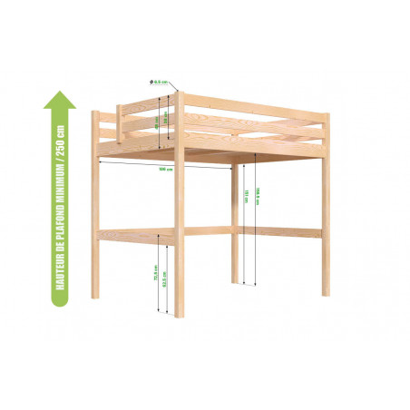 Mezzaninbett 140x190 aus Holz 2 Plätze robust und in Frankreich hergestellt