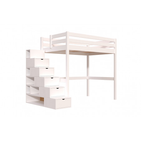 Cama alta individual con escalera cúbica - blanco
