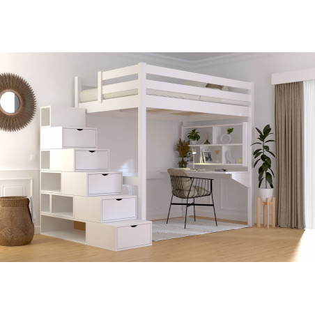Cama alta barnizada en blanco sin disolventes con escalera cúbica