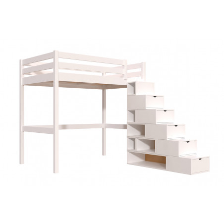 Cama elevada 120x200 con escalera cúbica - blanco