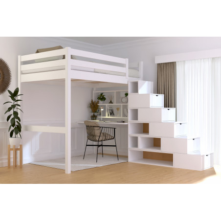 Cama alta para adultos 120x200 acceso por escalera cúbica con barniz blanco sin disolventes