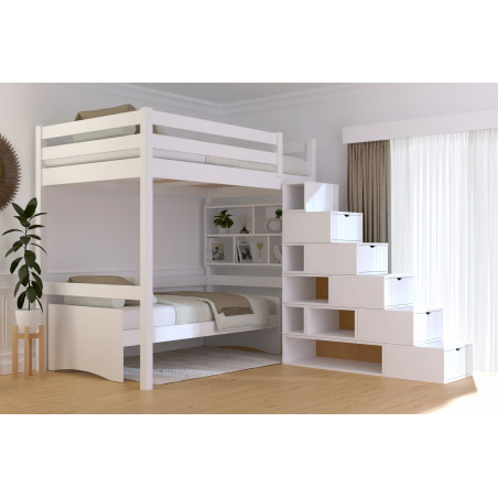 Cama alta de madera maciza acceso por escalera cúbica barnizada al agua en blanco