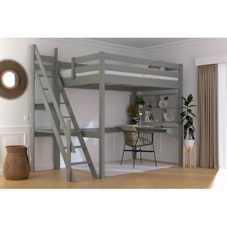 lit mezzanine pin massif escalier de meunier avec vernis gris à l'eau