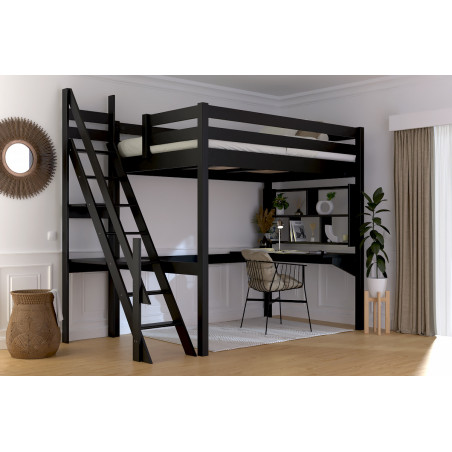 lit mezzanine pin massif escalier de meunier - vernis noir