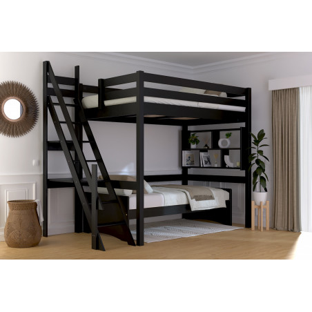 lit en hauteur escalier de meunier avec vernis à l'eau noir