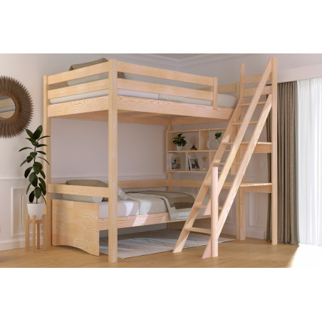 Cama alta matrimonio escalera de molinero sin barniz