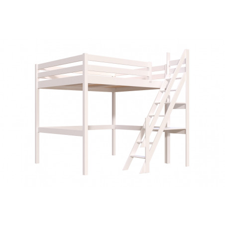 Lit mezzanine 2 places escalier de meunier avec vernis à l'eau blanc