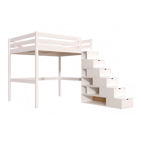 Cama doble elevada con acceso por escalera cúbica - barniz blanco