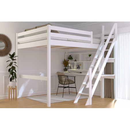 Lit mezzanine 2 places escalier de meunier vernis blanc