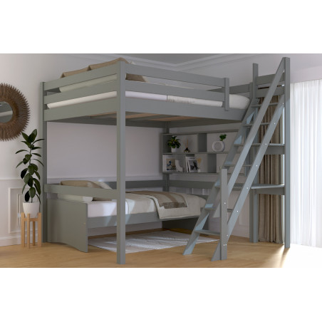 Cama alta de madera maciza escalera de molinero - barniz al agua gris
