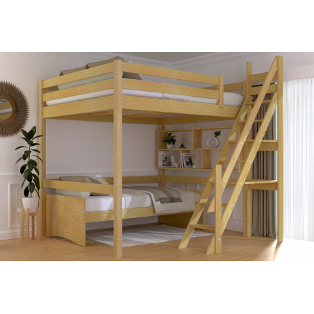 Hochbett aus Massivholz Müllertreppe – mit Honigfarbe wasserlackiert