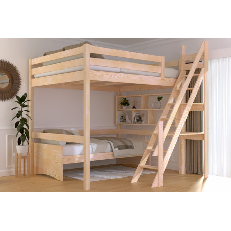 Lit 2 places en hauteur escalier de meunier vernis sans solvants satiné naturel