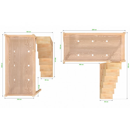 Cama alta individual con escalera cúbica fabricada en Francia en pino macizo